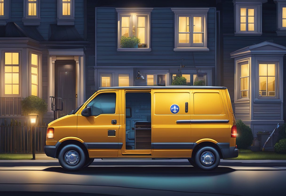 A locksmith van parked outside a house at night, with a glowing sign and tools visible through the windows