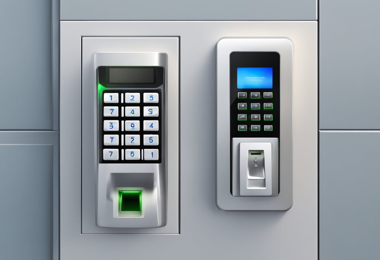 An electronic access control panel mounted on a wall with a keypad and card reader, surrounded by a secure door with a keycard entry system