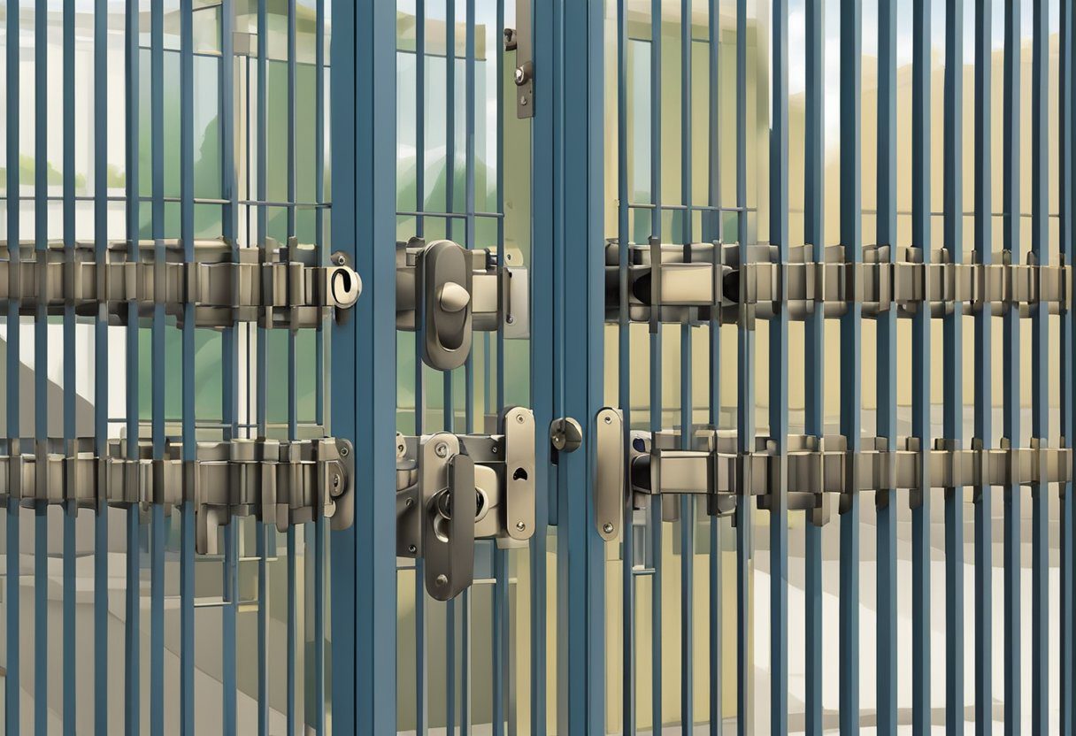 A row of high-security locks on metal gates in Milton, FL