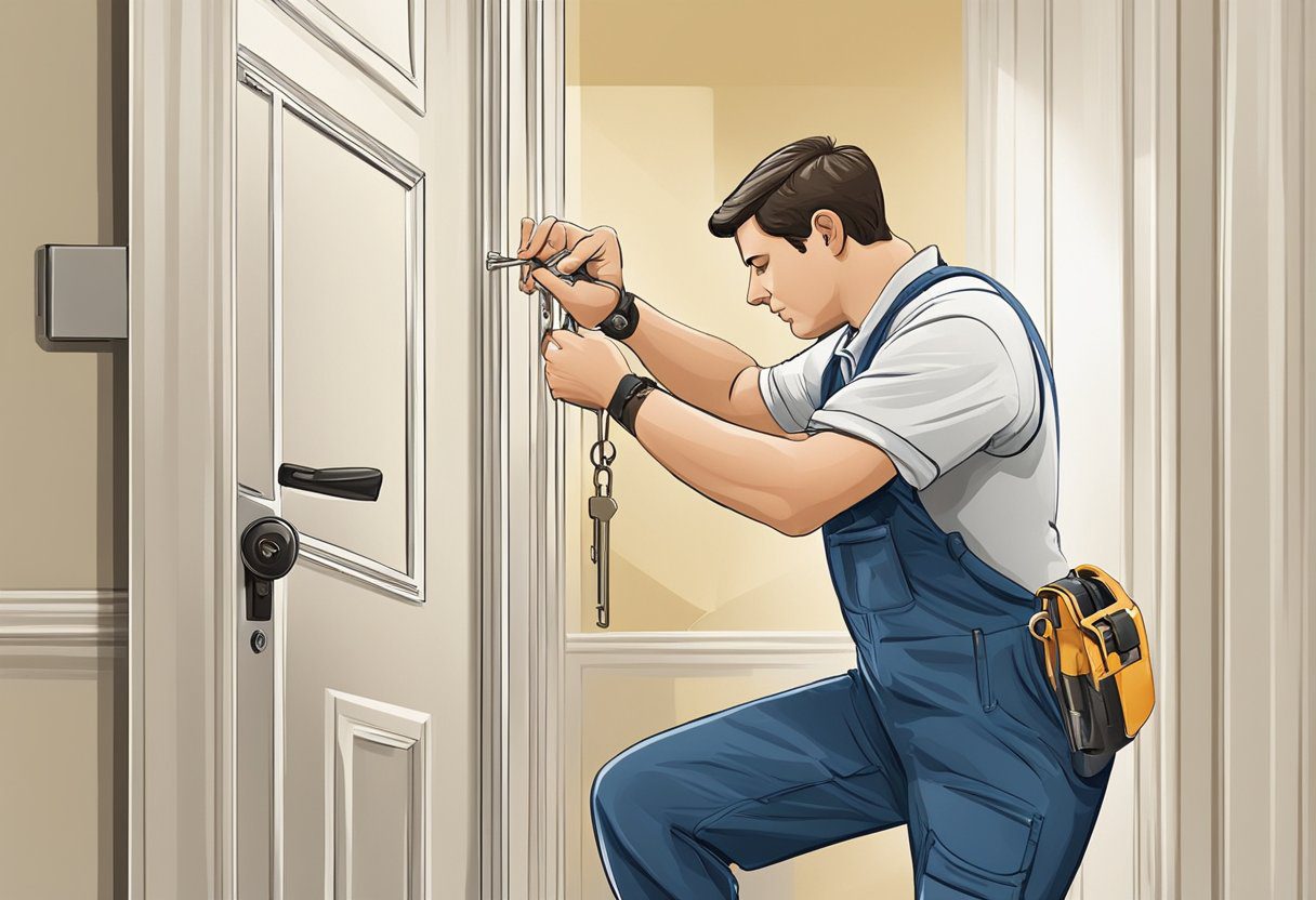 A locksmith rekeying a door lock in a well-lit room