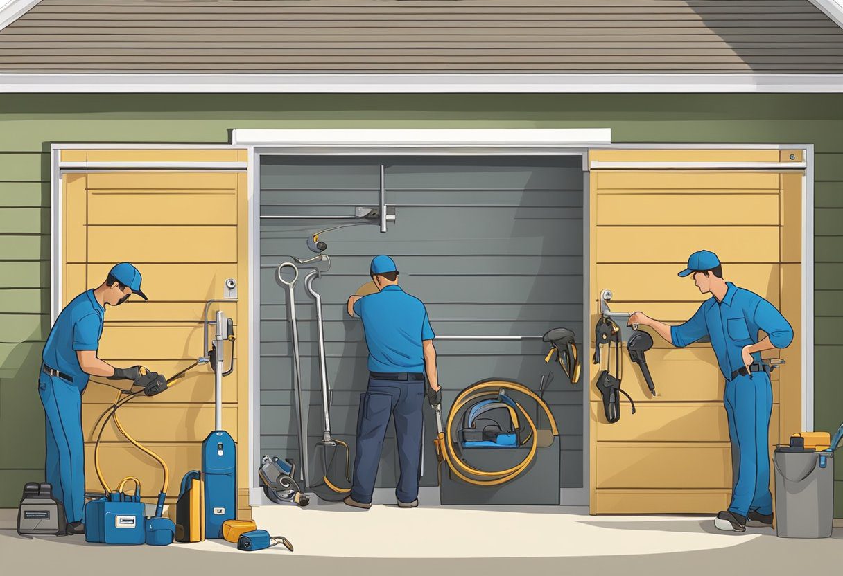 A locksmith in Milton, FL, is fixing a garage door lock with tools and equipment