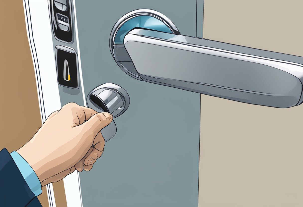 A hand reaching towards a car door handle, with a keyless entry system visible on the door