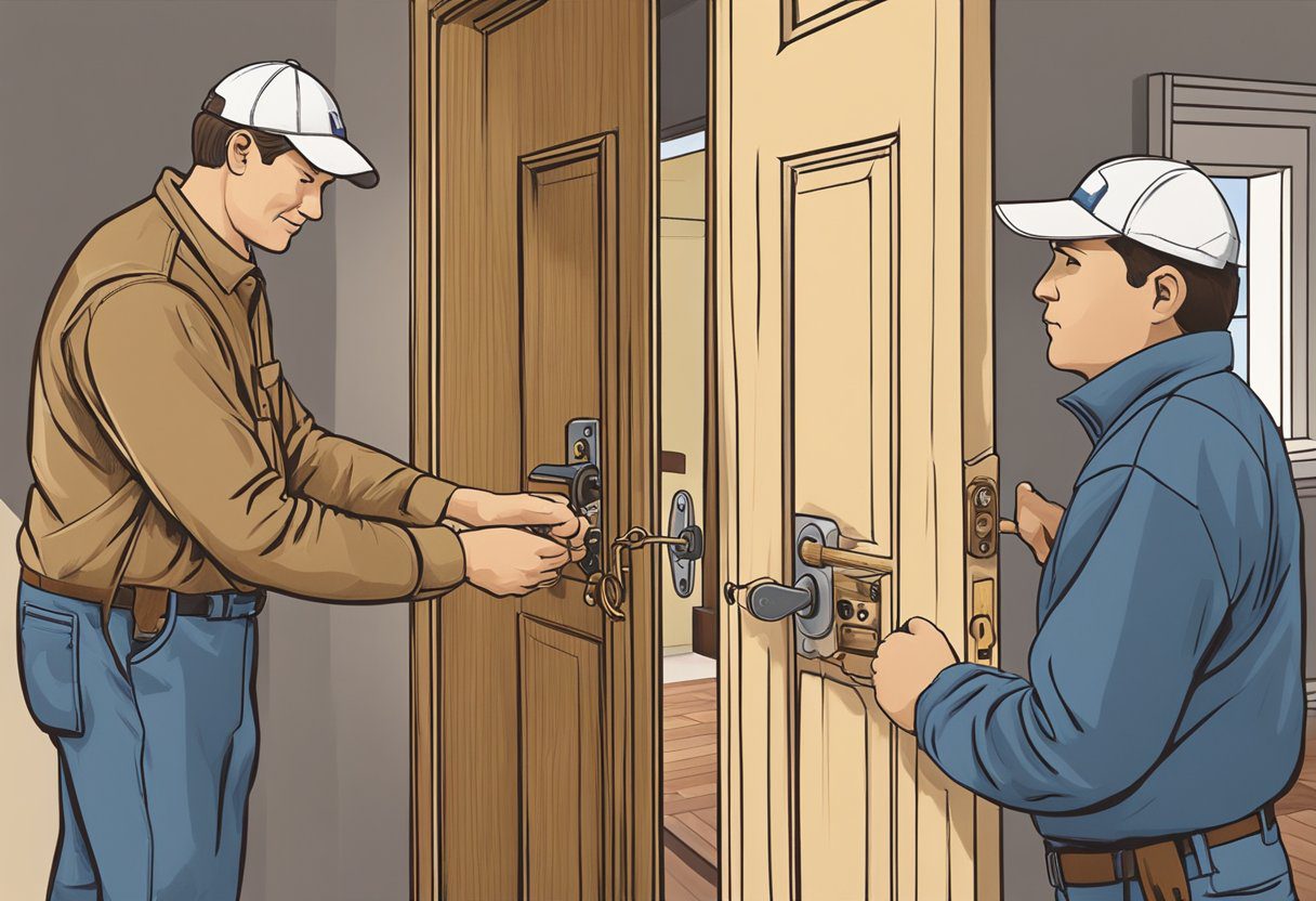 A locksmith installs a new lock on a wooden door in a cozy home in Milton, FL