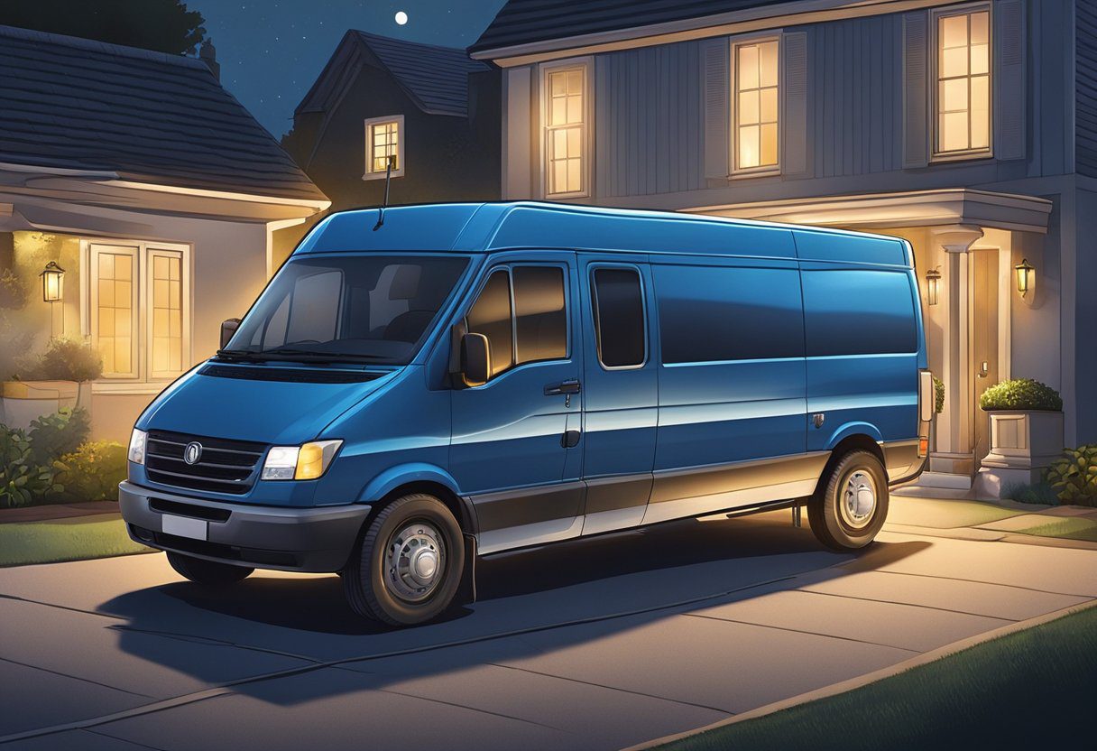 A locksmith's van parked outside a home at night, with a bright light shining on the front door as the locksmith works to unlock it