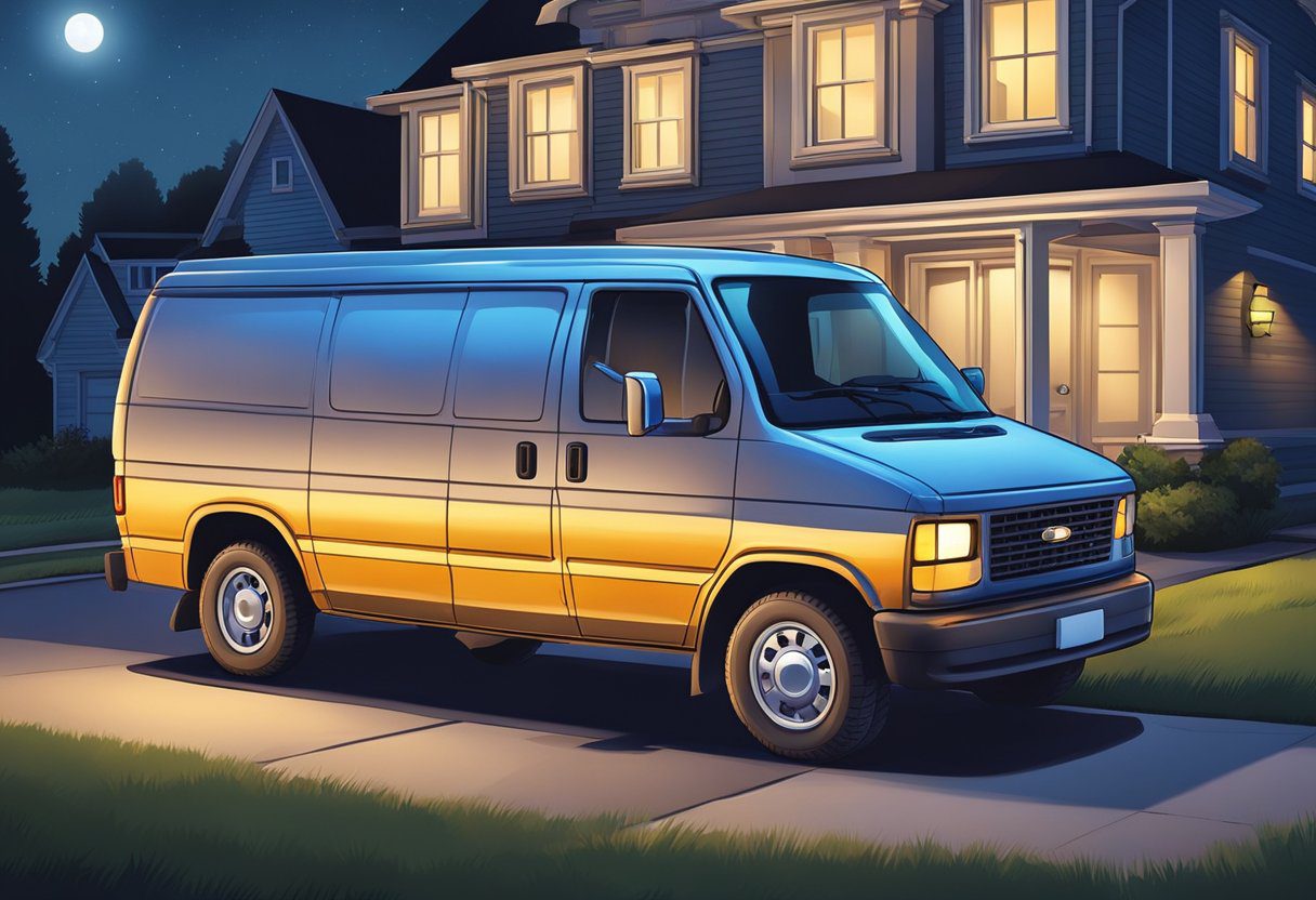 A locksmith's van parked outside a suburban home at night, with a bright light shining on the front door