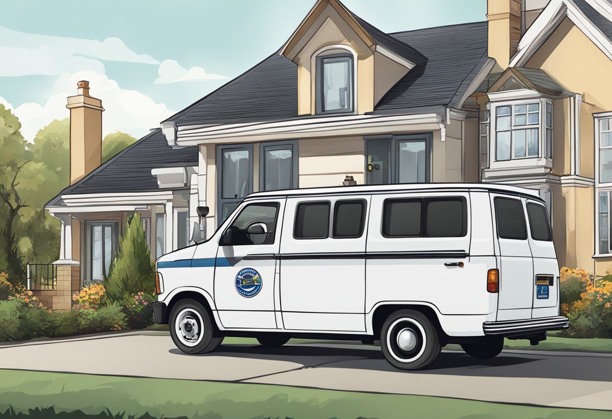 A van parked in front of a house, with a locksmith logo on the side. The locksmith is unlocking a door with a set of tools