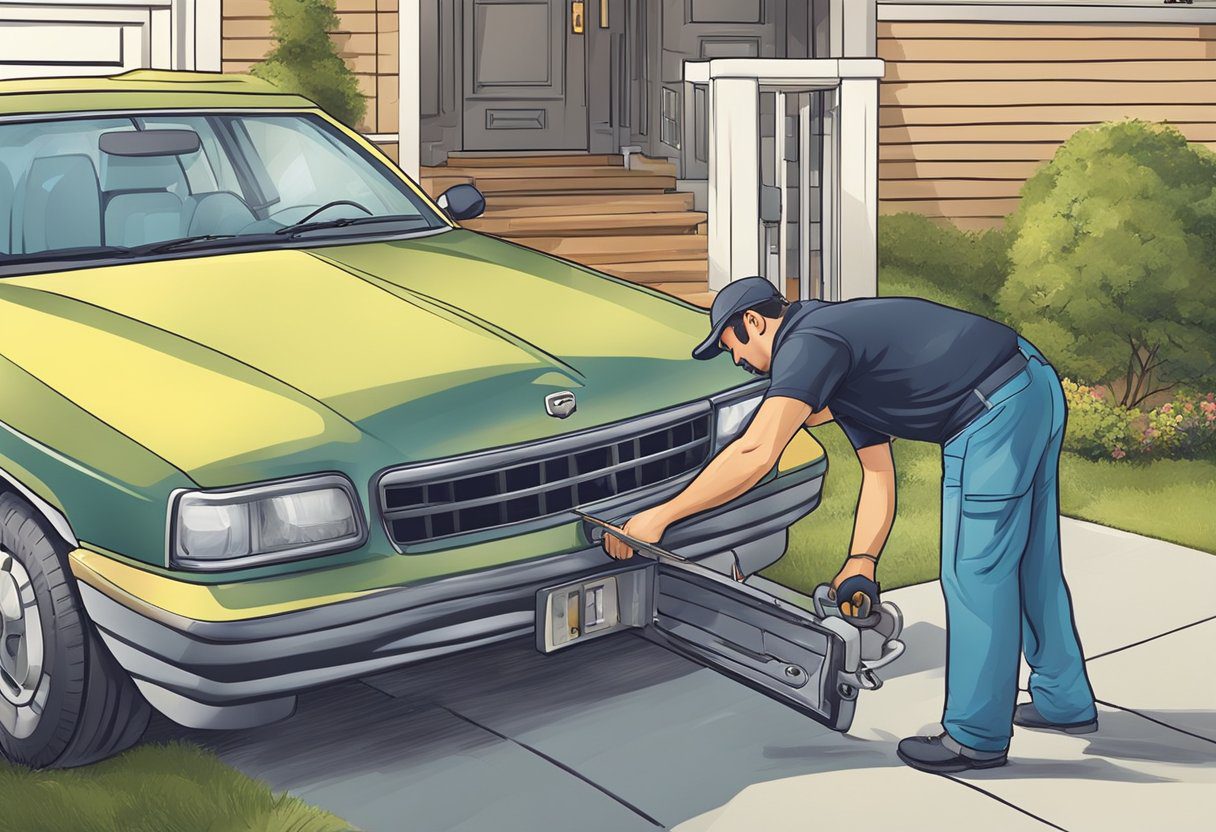 A locksmith uses tools to unlock a car door in a suburban driveway