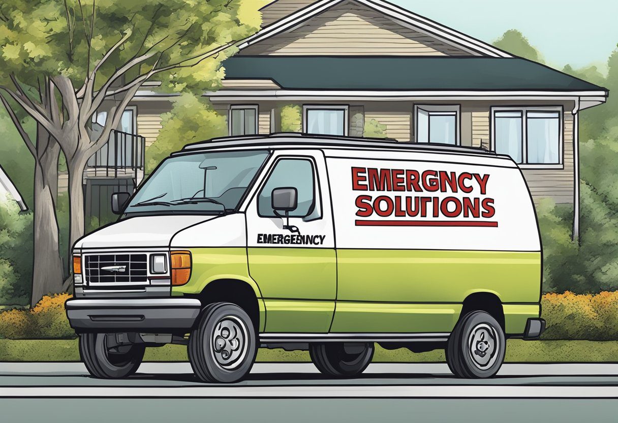 A locksmith van parked outside a residential home, with tools and equipment visible through the windows. The van is labeled "Emergency Lockout Solutions Mobile Locksmith in Milton, FL"