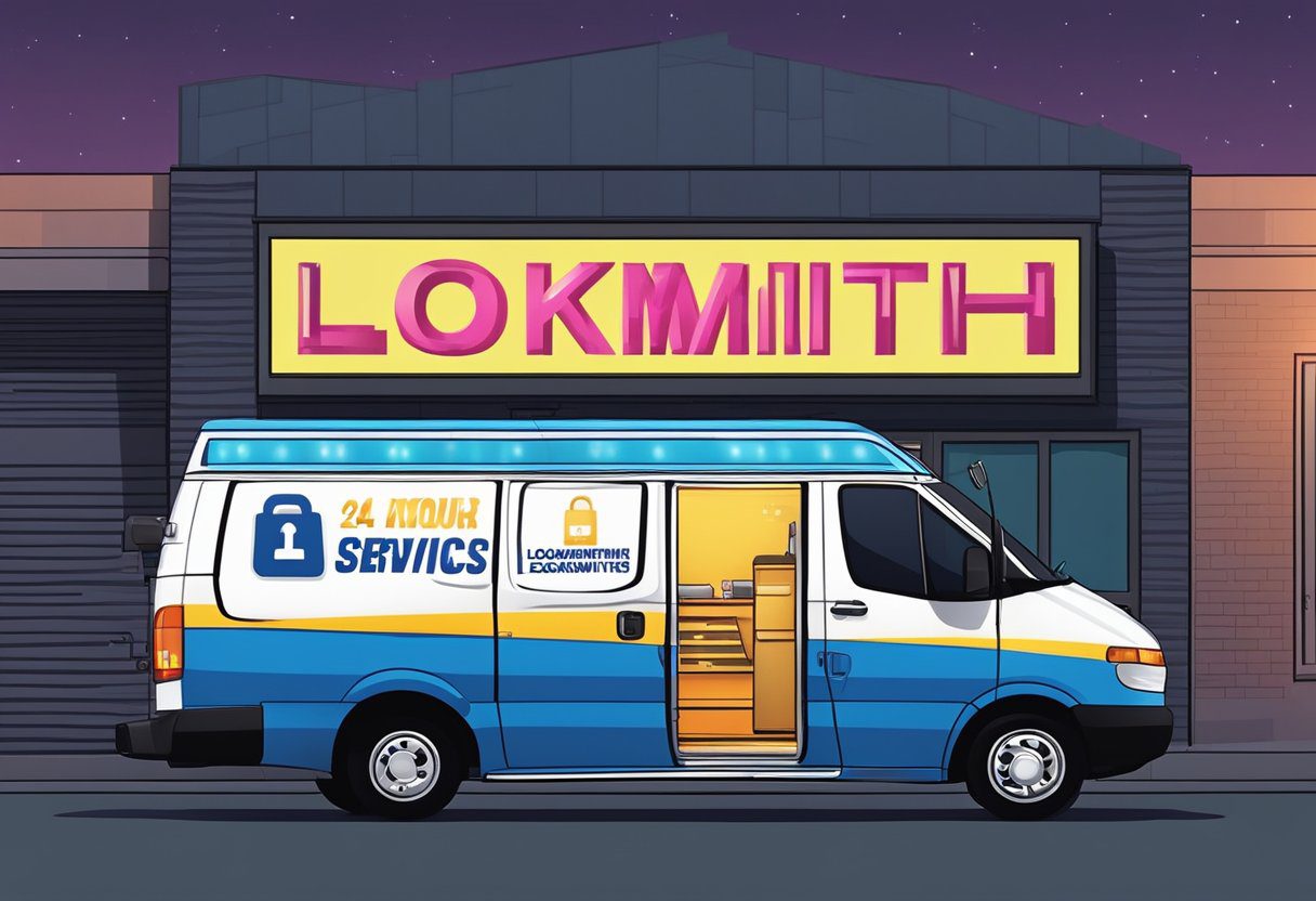 A locksmith van parked outside a commercial building at night, with a bright sign advertising 24-hour locksmith services in Milton, FL