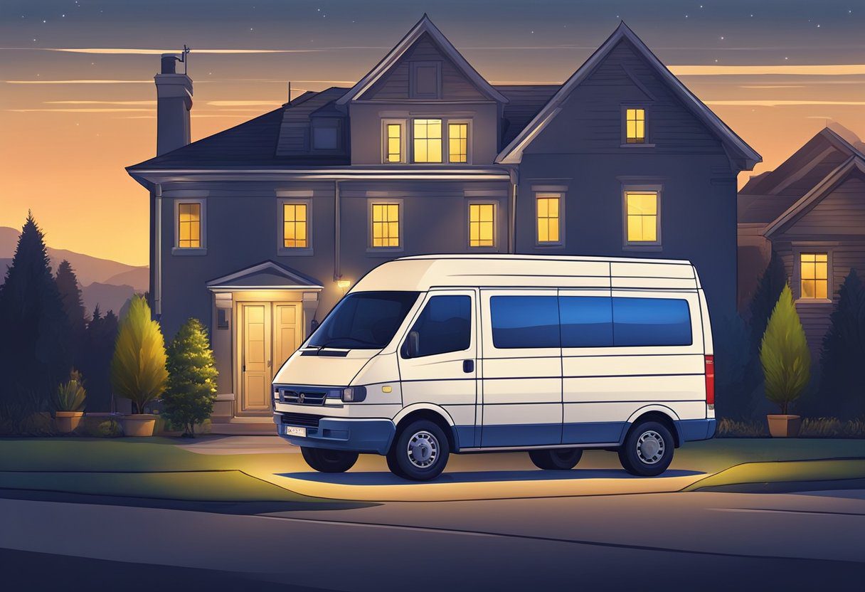 A locksmith van parked outside a house at night, with a bright light shining from the van as the locksmith works on a door