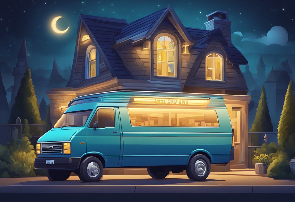 A locksmith van parked outside a house at night, with a glowing sign and a pile of positive testimonials and reviews next to it