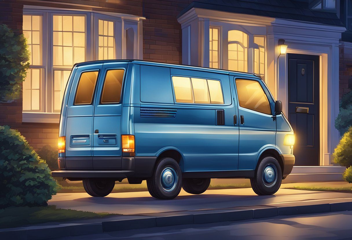 A locksmith van parked outside a residential home at night, with a bright light shining from the open door as the locksmith works inside