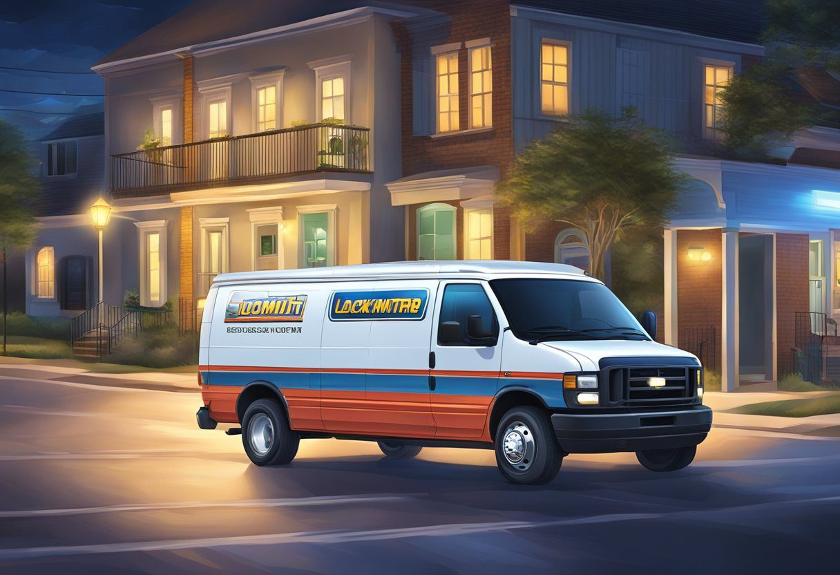 A locksmith van speeds through the streets of Milton, FL at night, its emergency lights flashing as it rushes to respond to a call