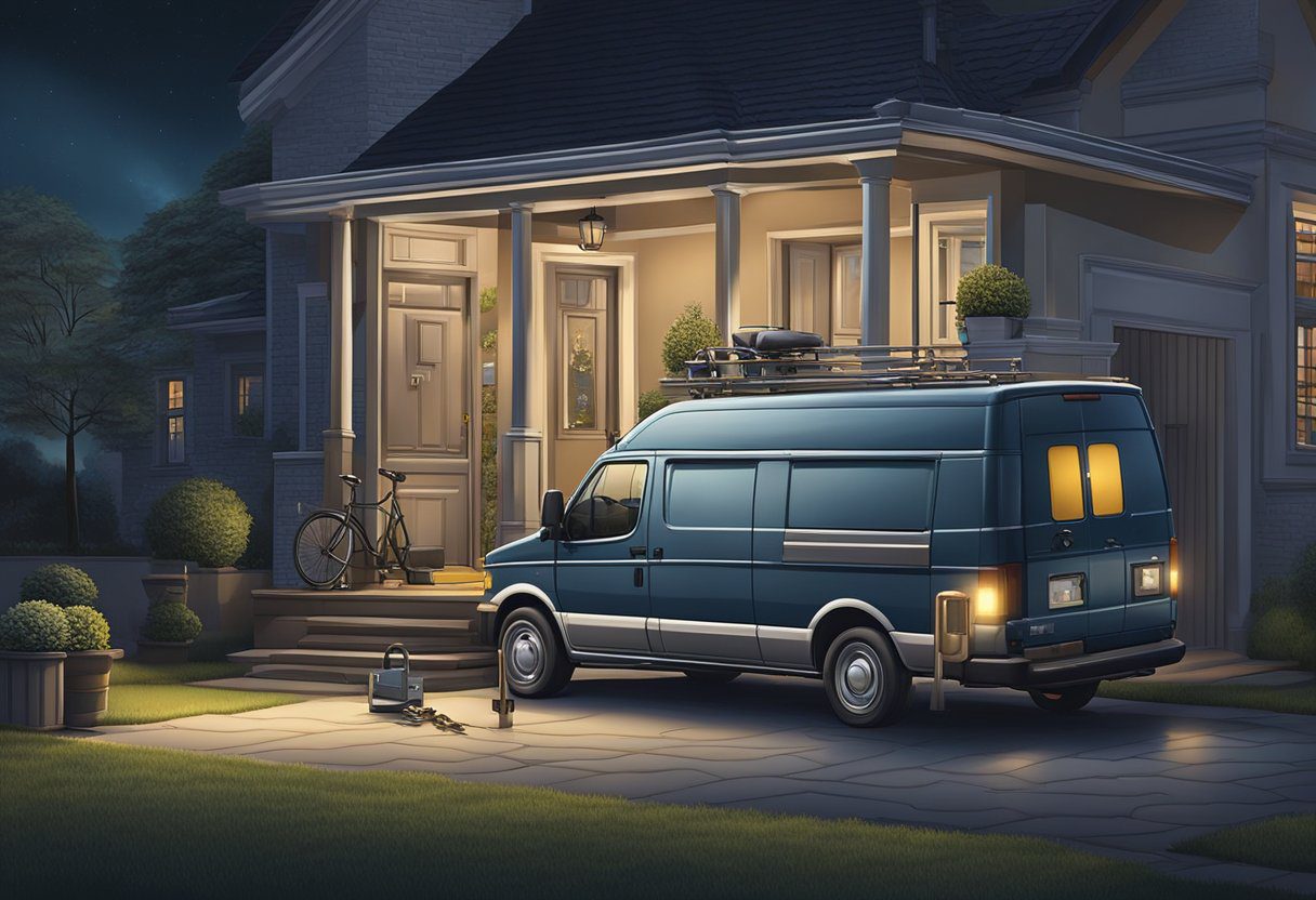 A locksmith van parked outside a residential home at night, with a set of keys and a lock being worked on by the locksmith's tools