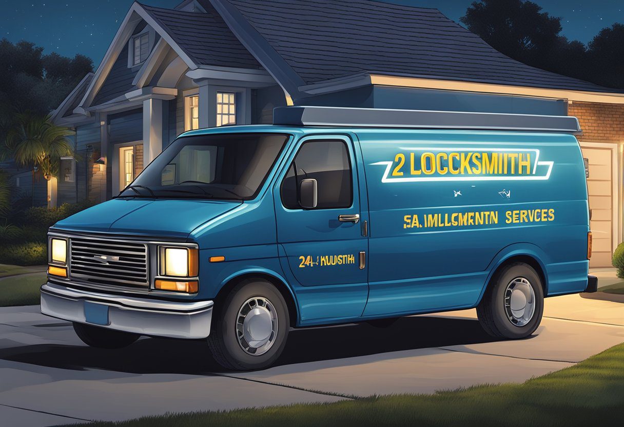 A locksmith van parked outside a suburban home at night, with a glowing sign advertising "24-Hour Locksmith Services" in Milton, FL