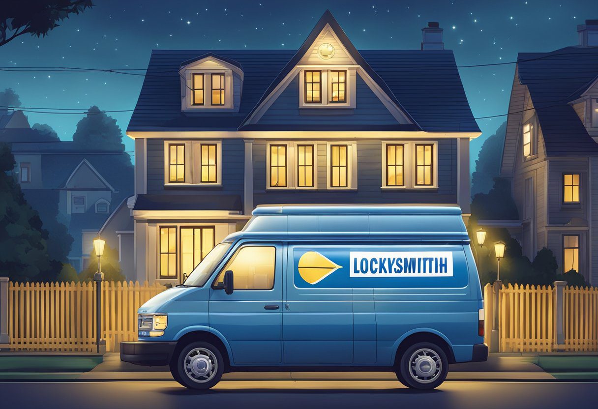 A locksmith van parked in front of a residential home at night, with a glowing "24-Hour Locksmith" sign on the side