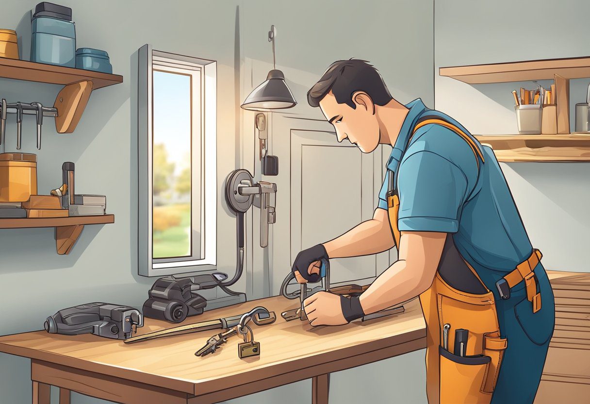 A locksmith installing a secure lock on a door in a well-lit room. Tools and keys are neatly organized on a workbench nearby