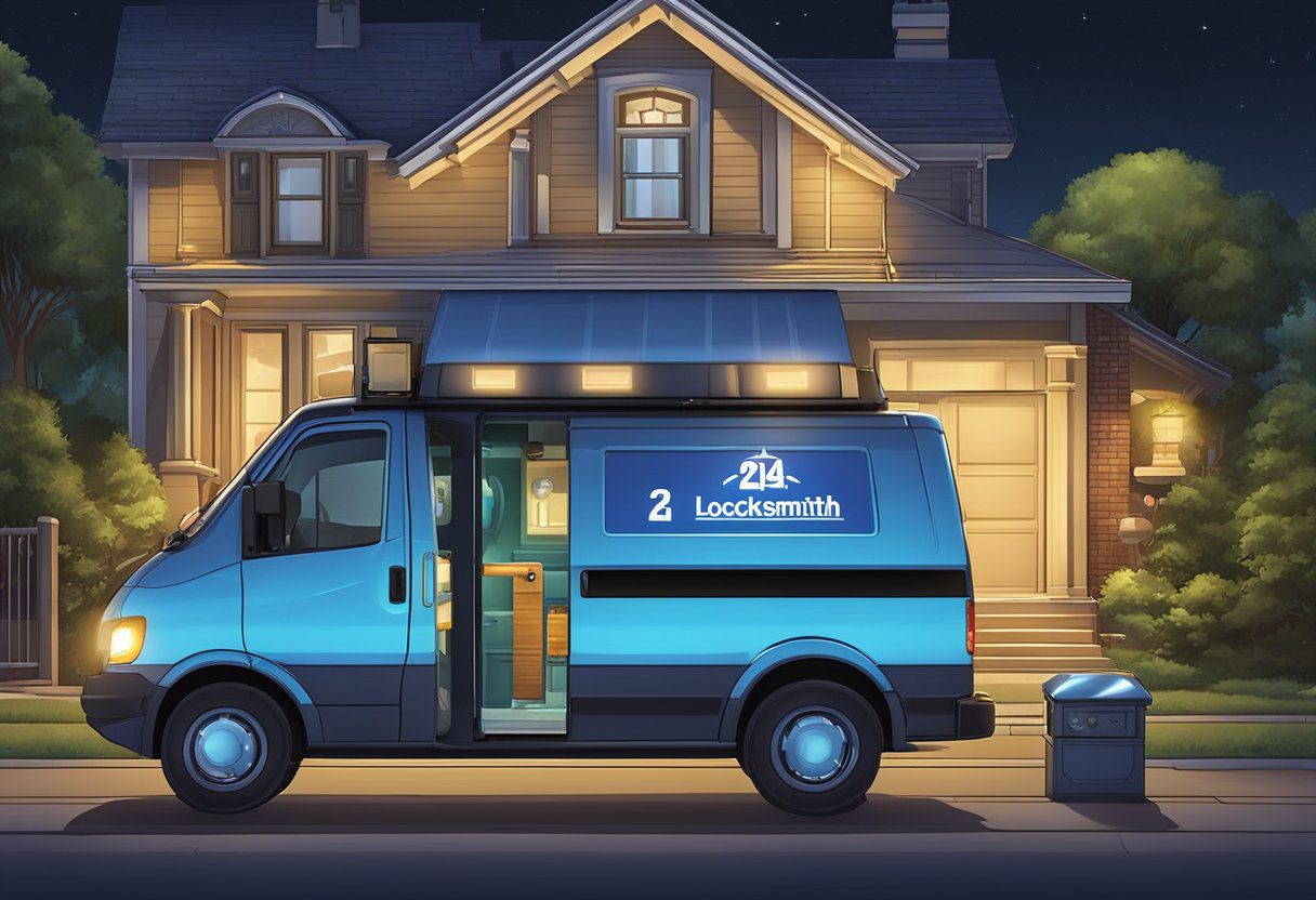 A locksmith van parked outside a residential home at night, with a glowing sign advertising 24-hour service. The locksmith is seen working on a door lock, demonstrating their around-the-clock availability