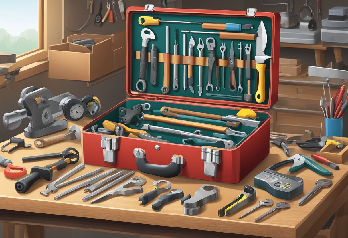 A locksmith's toolbox sits open on a workbench, displaying various tools and equipment. A certificate and training manual are prominently placed next to the tools