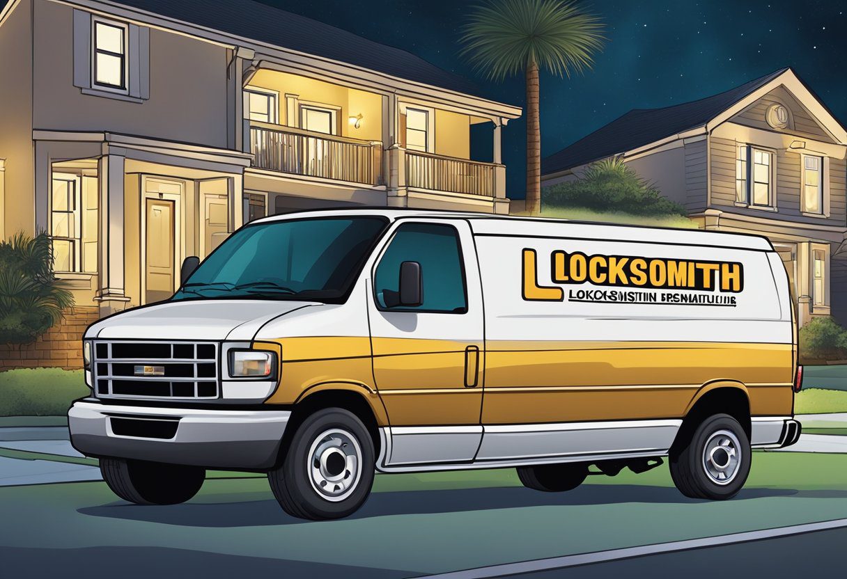 A locksmith van parked outside a residential area in Milton, FL at night, with a street sign indicating "24-Hour Locksmith" in the background