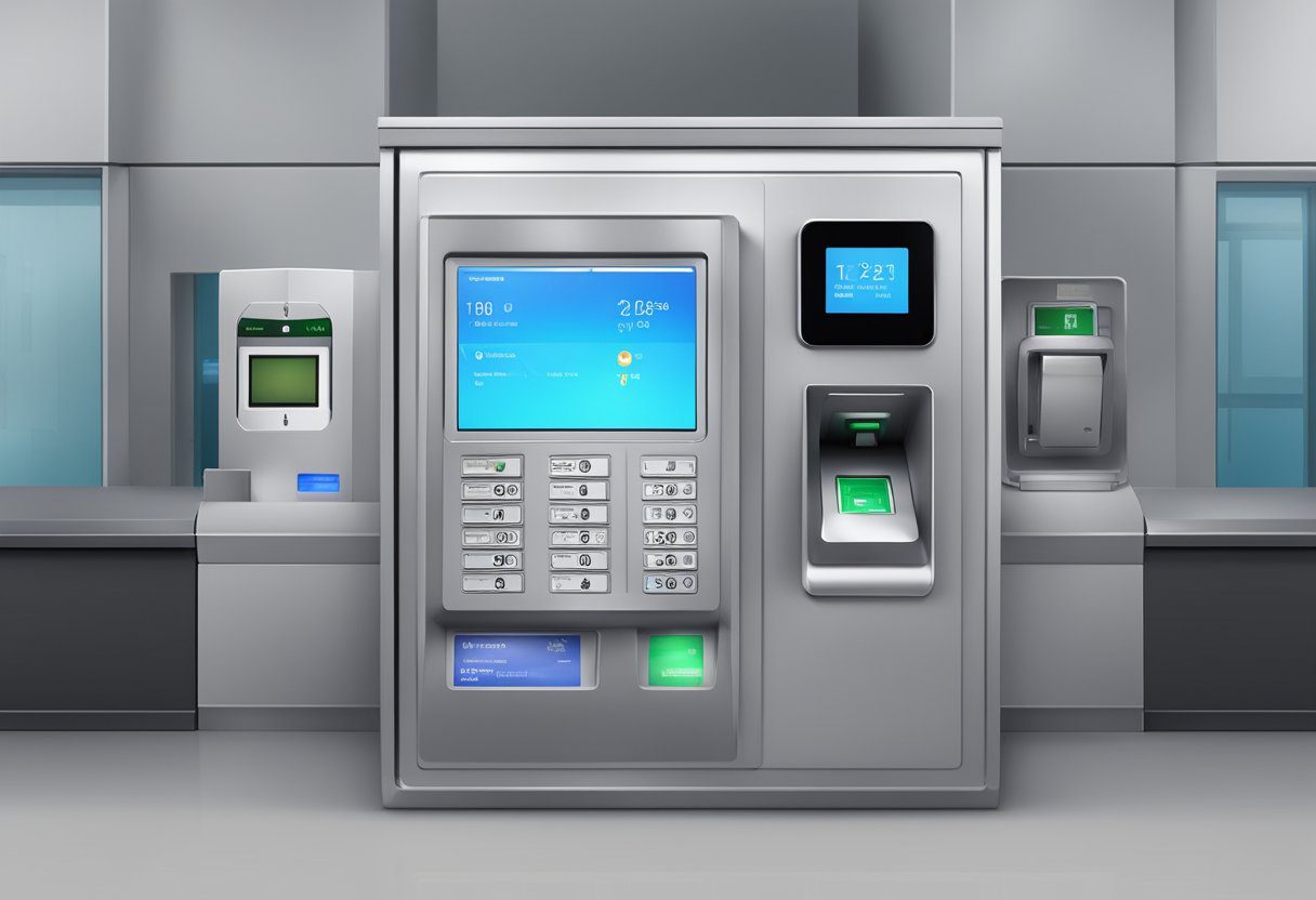 A secure entry point with a card reader, keypad, and biometric scanner, connected to a central control panel with monitoring screens