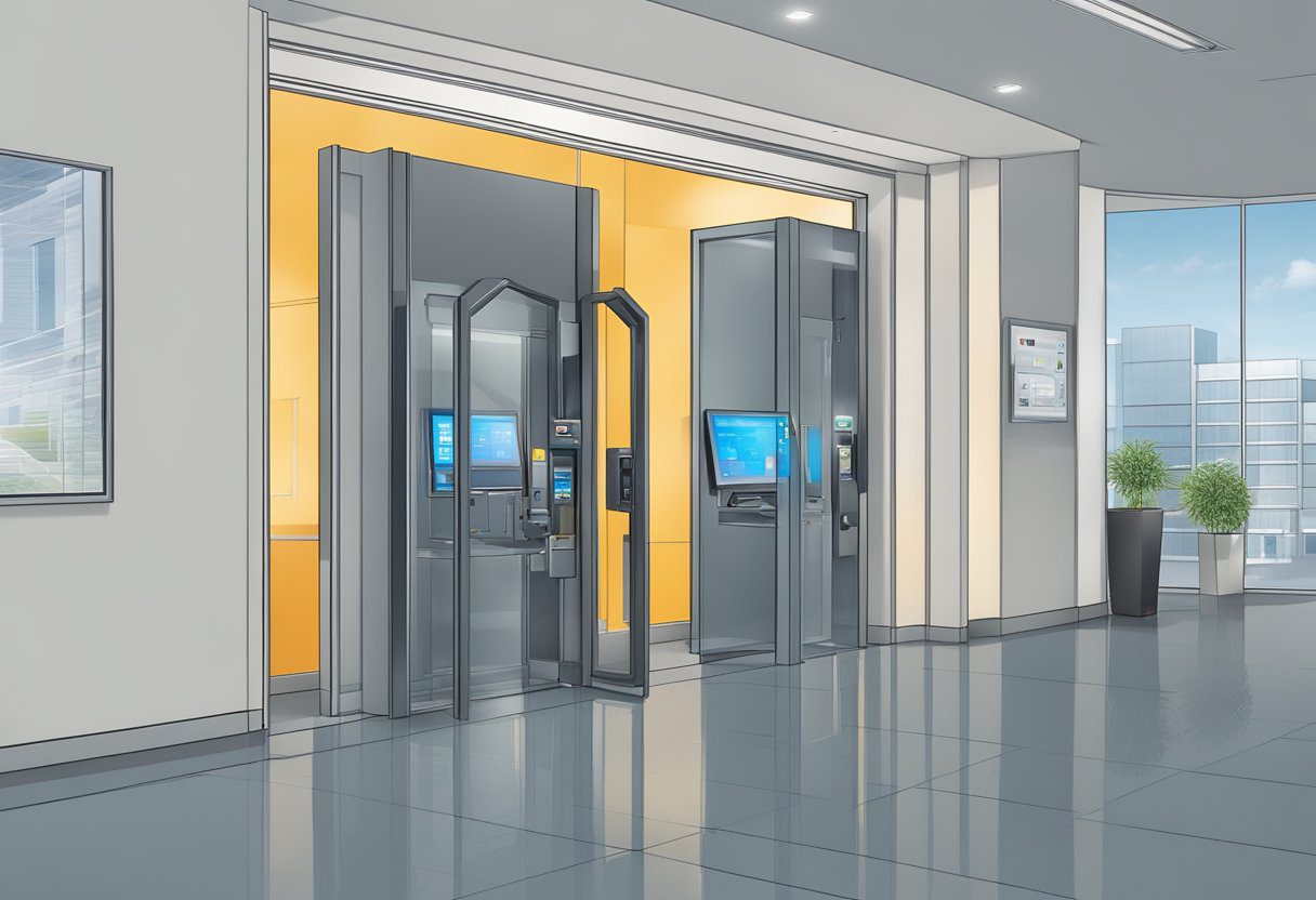 A secure access control system in a modern office building in Milton, FL. Key cards being scanned at the entrance, while security cameras monitor the area