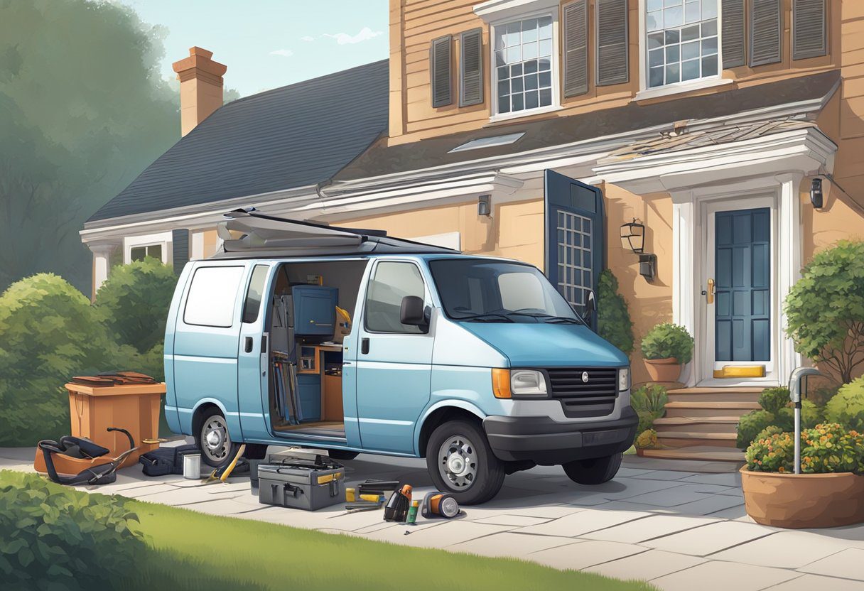 A locksmith's van parked outside a residential home, with tools and equipment scattered on the ground as the locksmith works on the door