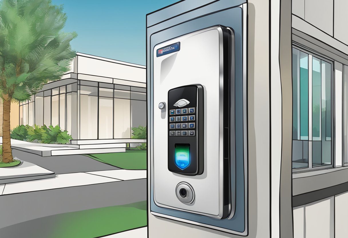 A security camera overlooks a biometric access control panel at a building entrance in Milton, FL. The panel features a fingerprint scanner and key card reader