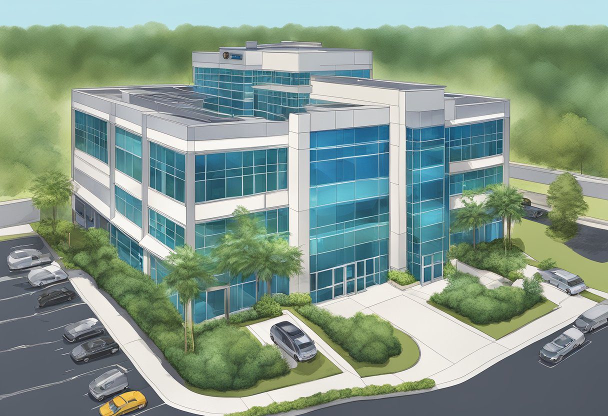 An aerial view of a modern office building in Milton, FL, with electronic key card readers and security cameras at the entrances