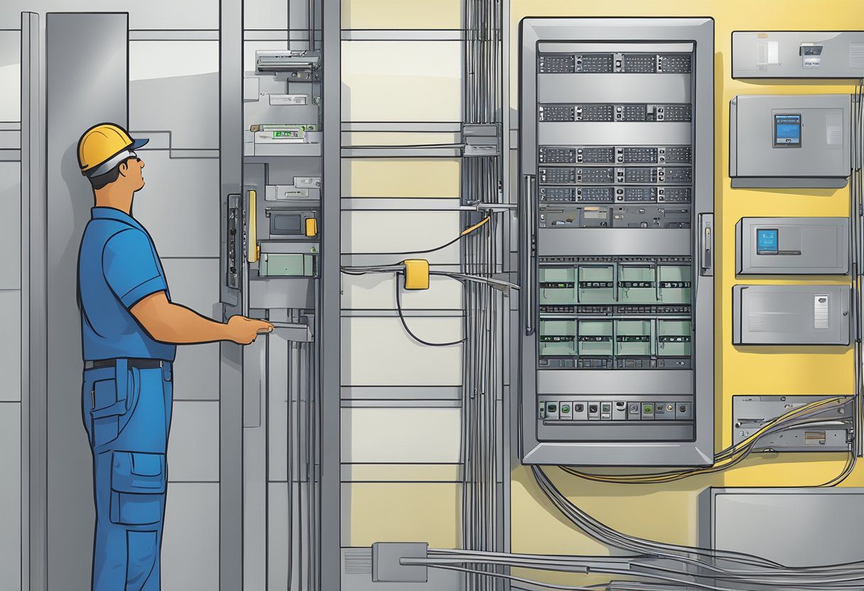 A technician mounts and connects access control panels in a commercial building in Milton, FL. Wires are neatly organized and secured