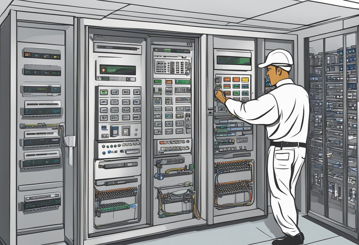 A technician installs and tests access control systems in a commercial building in Milton, FL. Wires and equipment are neatly organized in a secure and professional manner