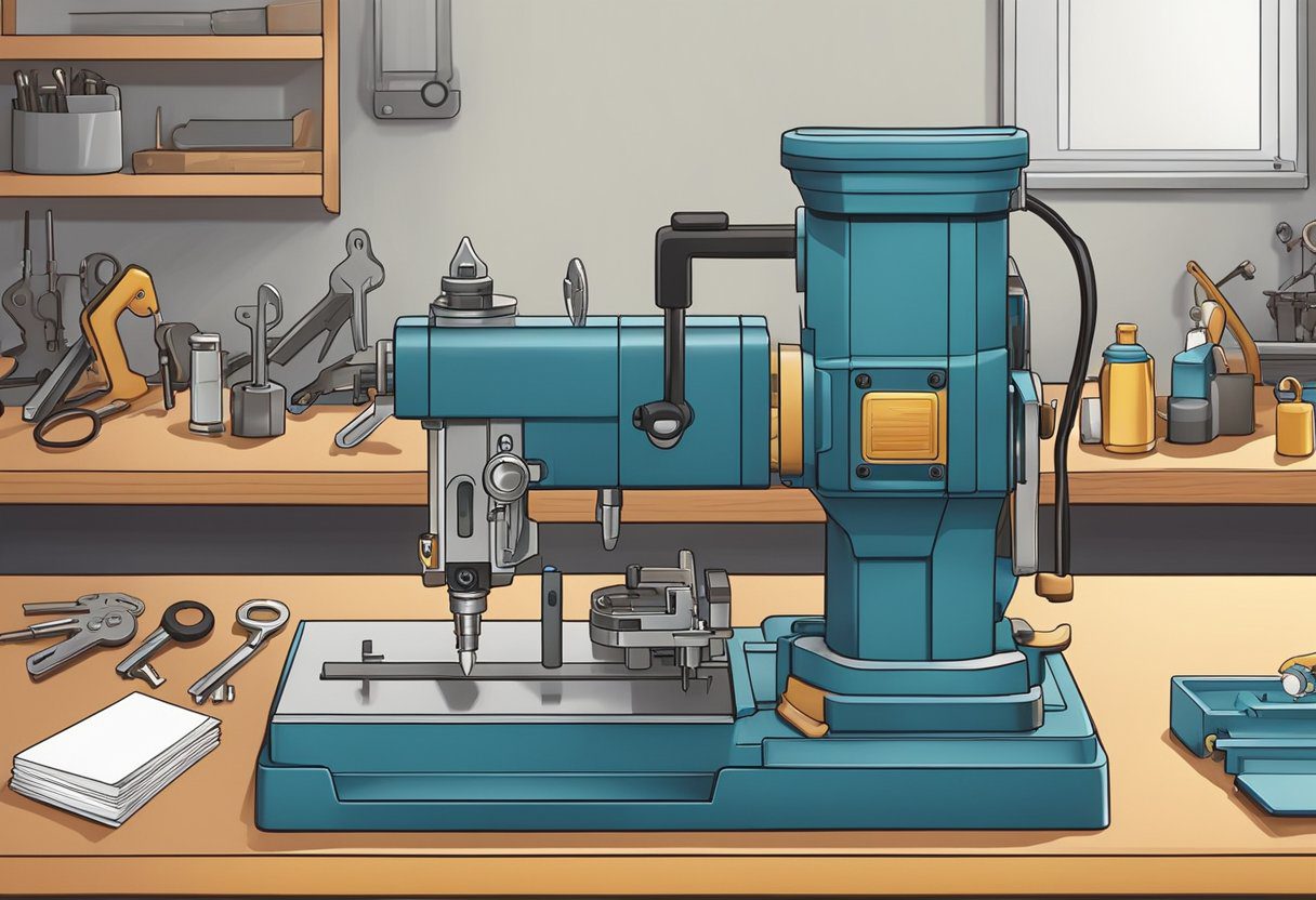 A locksmith duplicating a key using a key cutting machine in a well-lit workshop. Various key blanks and tools are neatly organized on the workbench