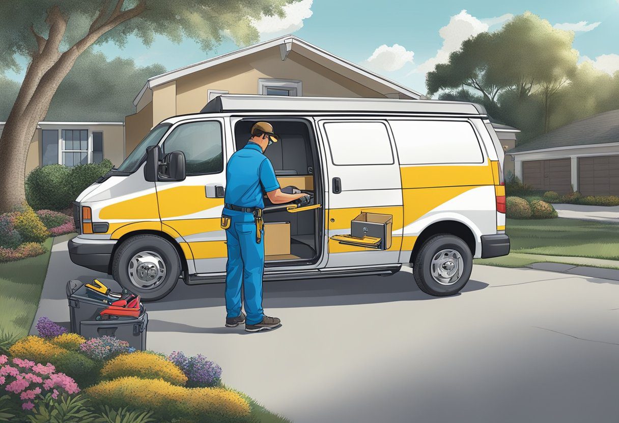 A mobile key duplication van parked outside a suburban home in Milton, FL. A technician cutting keys inside the van