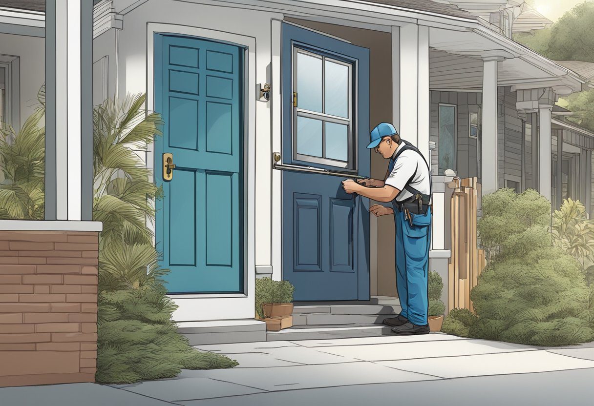 A locksmith unlocks a door in a residential area of Milton, FL during a lockout situation