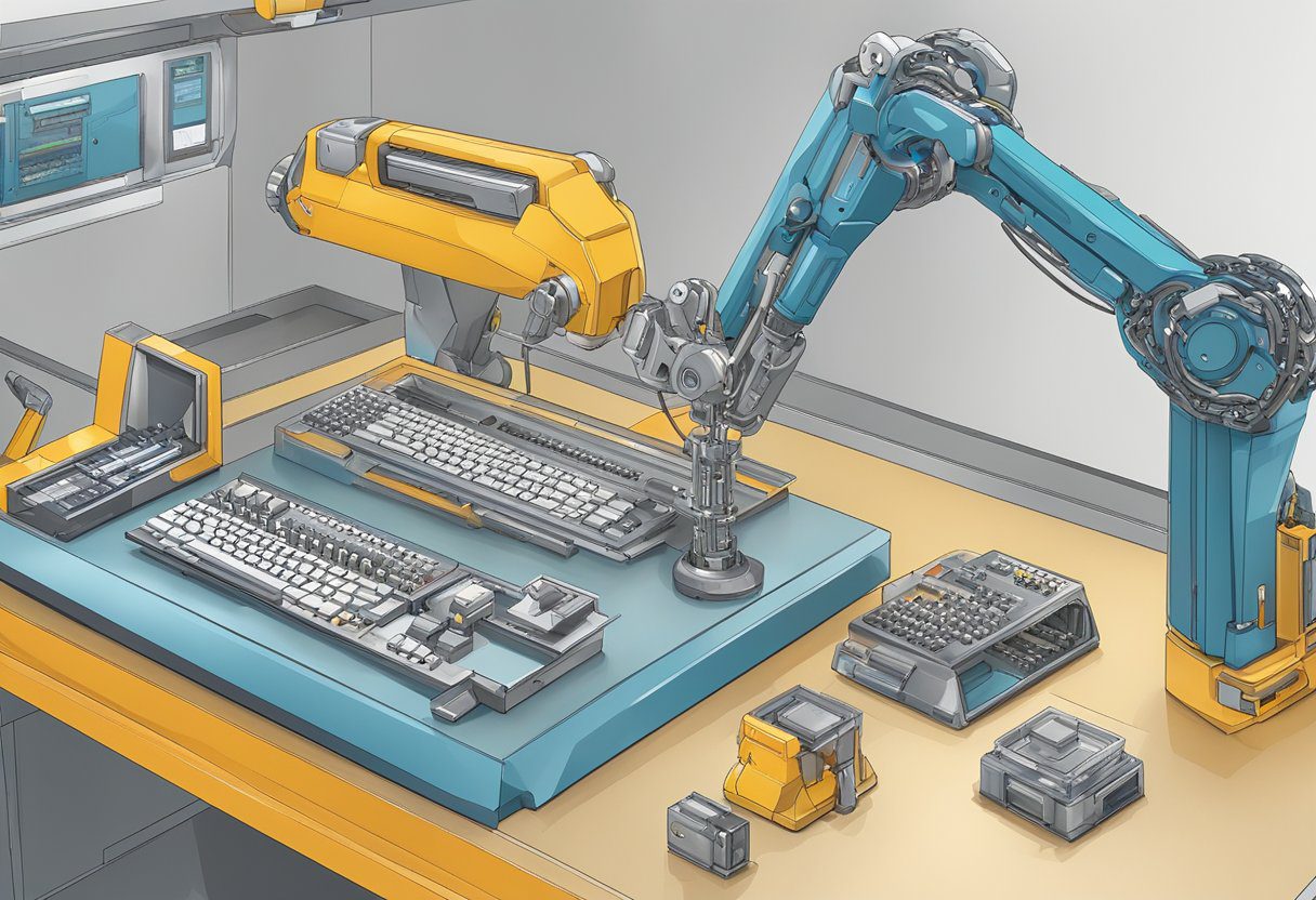 A robotic arm duplicates keys at a high-tech kiosk in Milton, FL. Multiple key blanks and cutting tools are visible