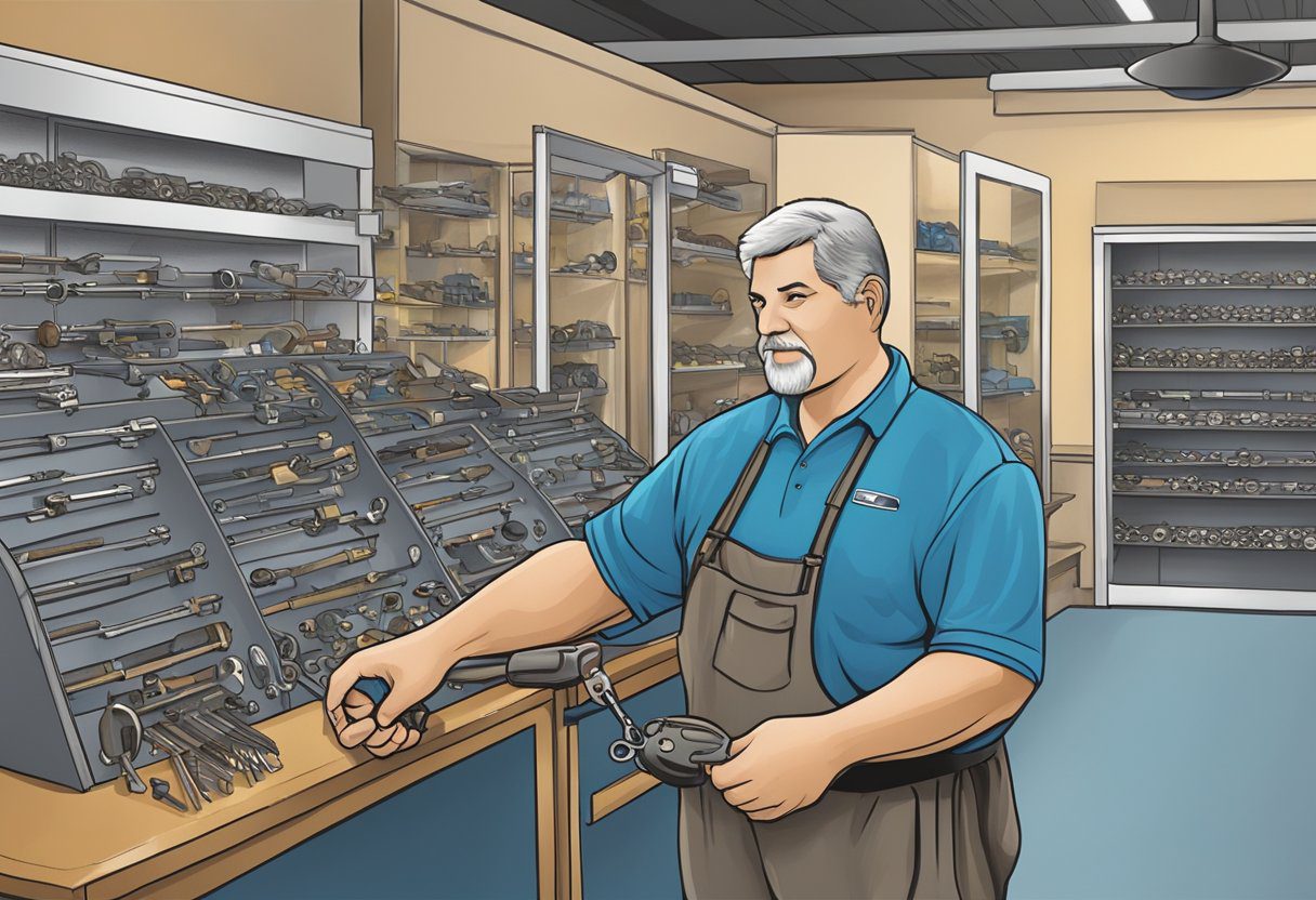 A locksmith duplicating a key at a shop in Milton, FL