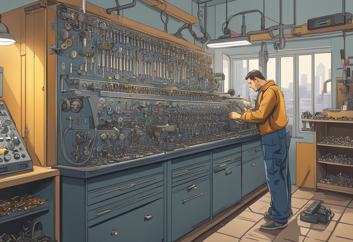 A locksmith examines a key duplicating machine in a well-lit workshop, surrounded by various key blanks and tools