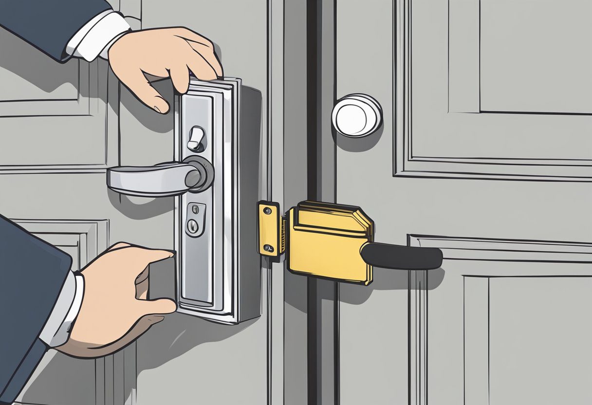 A high-security lock being installed on a door in Milton, FL, with clear signage indicating legal compliance and standards