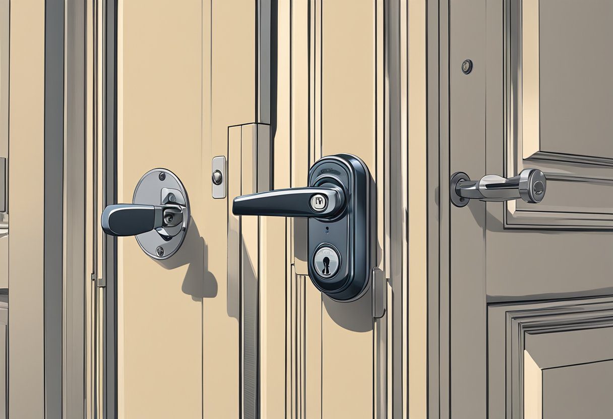 A high-security lock is being installed on a door in Milton, FL. The locksmith's tools and equipment are laid out nearby