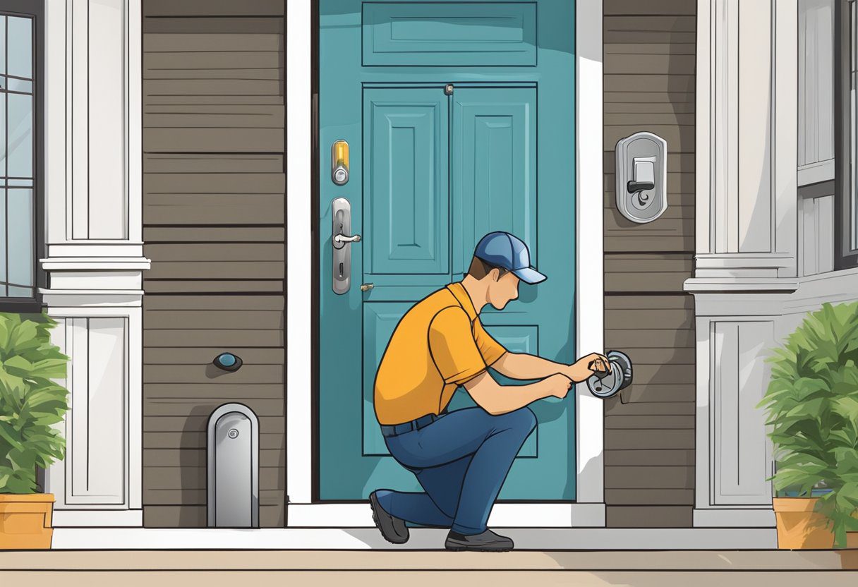 A locksmith installs high-security locks on a door in Milton, FL