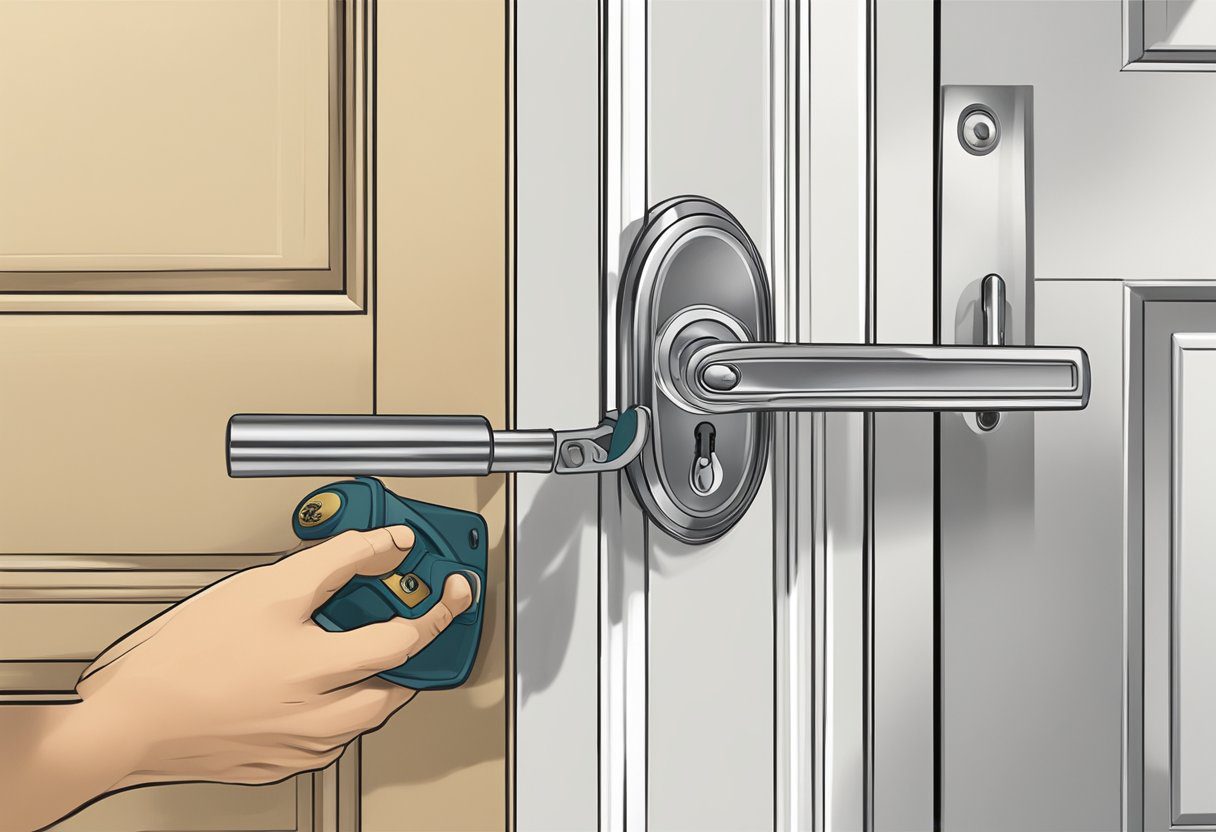 A locksmith rekeying a door lock in a residential setting in Milton, FL. Tools and equipment are visible, along with a key being inserted into the lock