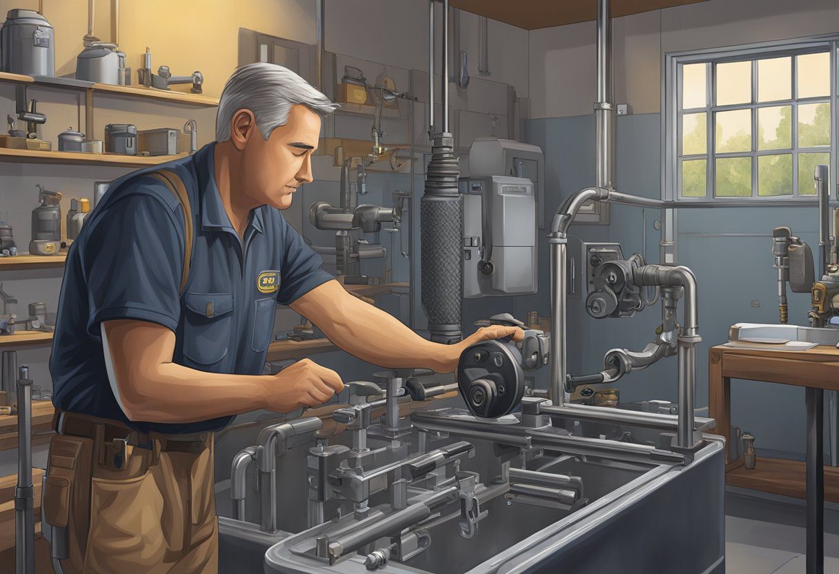 A locksmith carefully oils and inspects a high-security lock in a well-lit workshop in Milton, FL