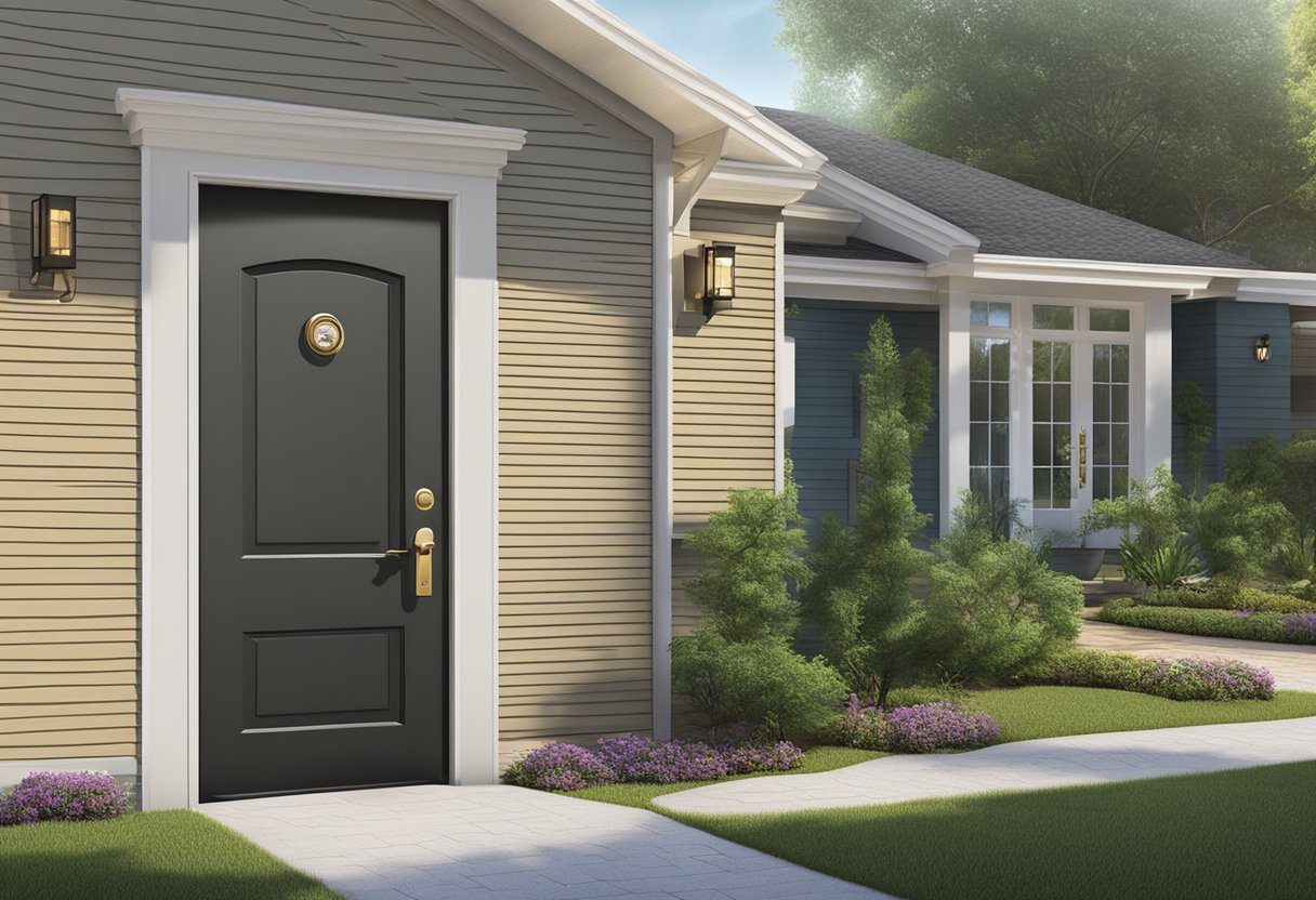 A door with a high-security lock in a quiet suburban neighborhood in Milton, FL. The lock is sturdy and complex, with visible signs of advanced security features