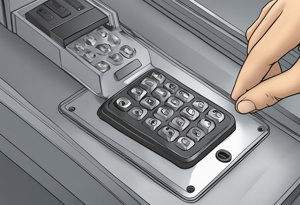 A hand reaches out to select a high-security lock from a display in Milton, FL. The lock is sturdy and complex, with multiple keyholes and reinforced metal construction