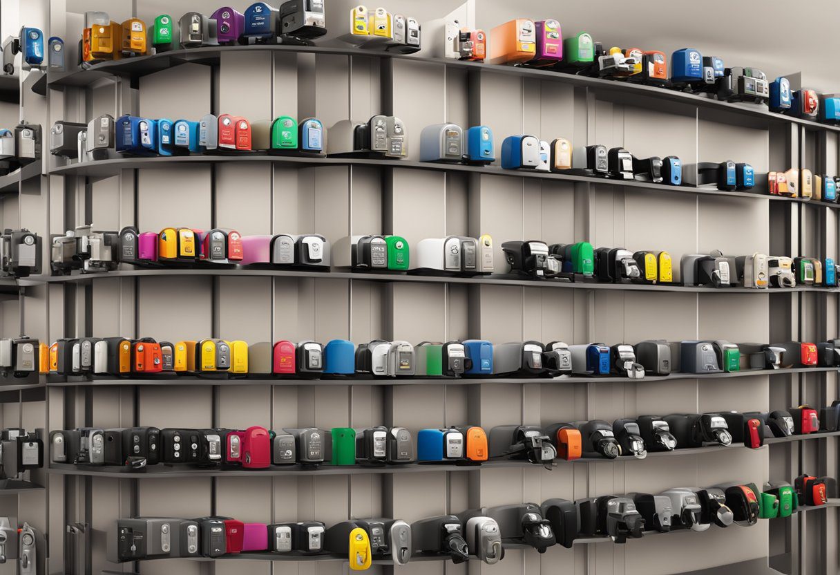 A row of high-security lock brands and manufacturers displayed in a well-lit showroom in Milton, FL