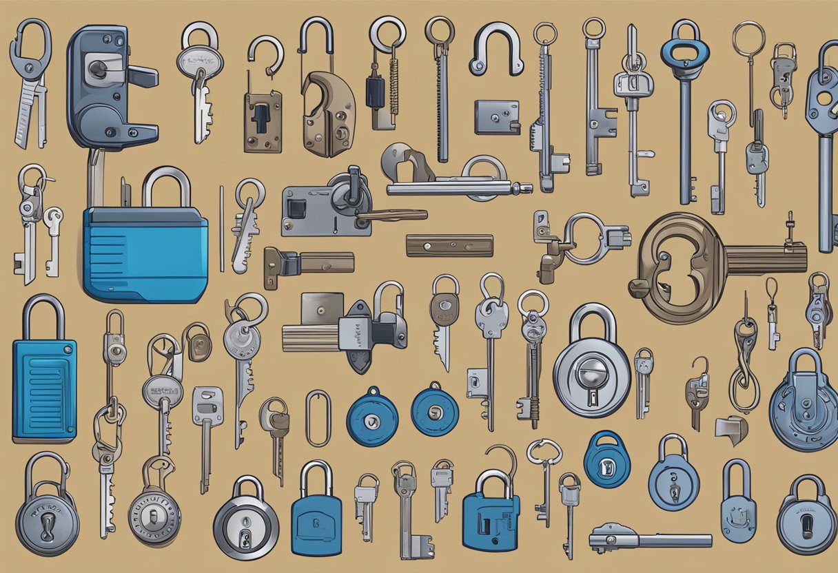 A locksmith in Milton, FL carefully compares prices of high-security locks, surrounded by various lock models and price tags