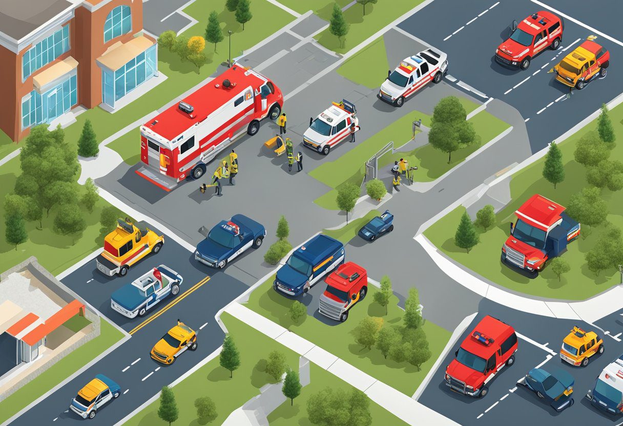 Emergency vehicles surround a high-security lock in Milton, FL. A locksmith works to resolve the lockout situation