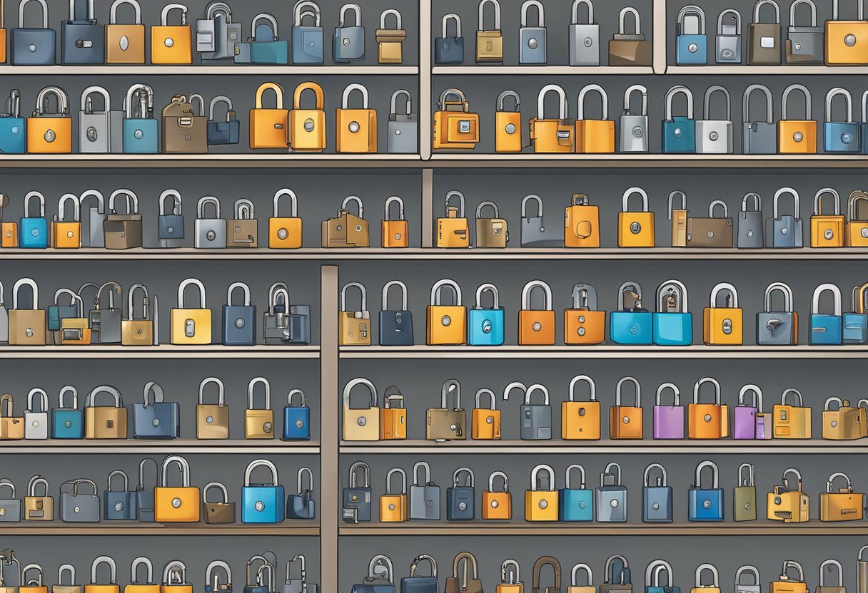 A variety of high-security locks displayed in a well-lit showroom in Milton, FL. Different types and brands are neatly organized on shelves for easy viewing and comparison