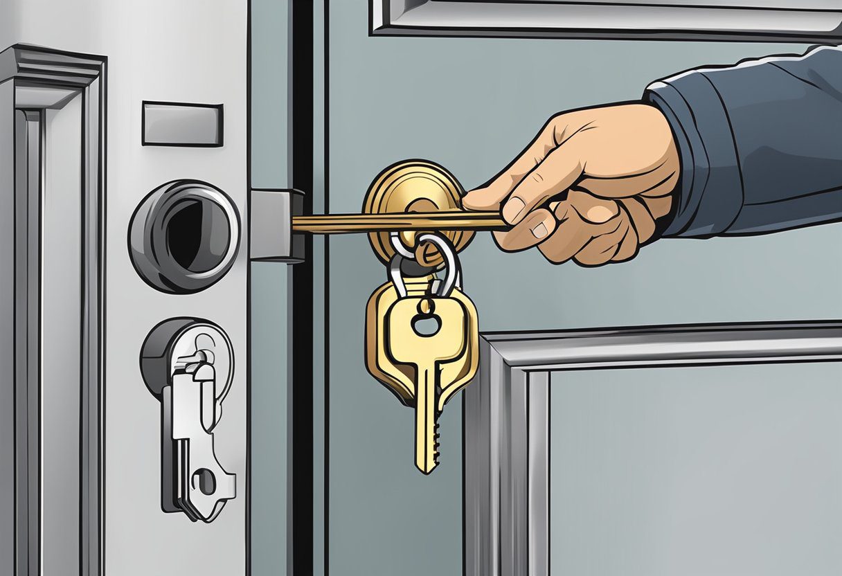 A locksmith's hand turning a key in a commercial door lock in Milton, FL. The sign "Rekey Solutions" is visible on the storefront