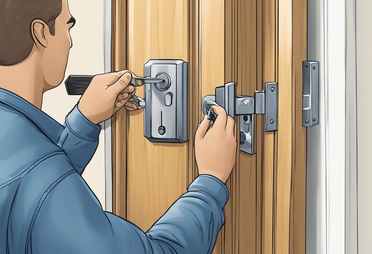 A locksmith rekeying a door lock in a residential setting in Milton, FL. The locksmith is using specialized tools to change the internal pins of the lock